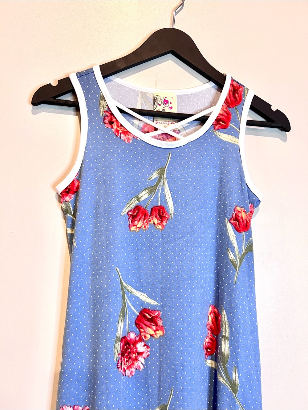 5/$20 Jenna & Jesse Floral High Low Midi Dress Blue Red Womens Size 12 - Picture 2 of 6